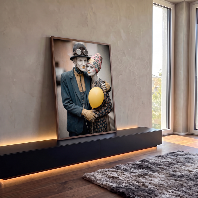 Casal de mímicos com maquiagem branca abraçados segurando balão amarelo, quadro decorativo