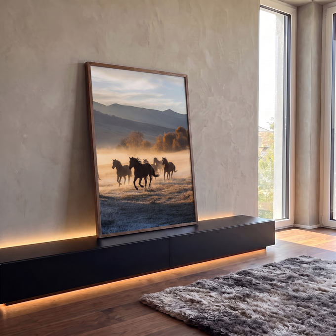 Quadro Decorativo Grande Cavalos Selvagens para Sala Marrom | quadros decorativos para sala | cavalos correndo em campo com neblina dourada e montanhas ao fundo | em Quadros para Sala | Porao dos Quadros