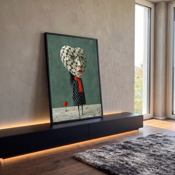Figura surreal com cabeça em forma de coração, vestido de bolinhas e cachecol laranja, quadro decorativo