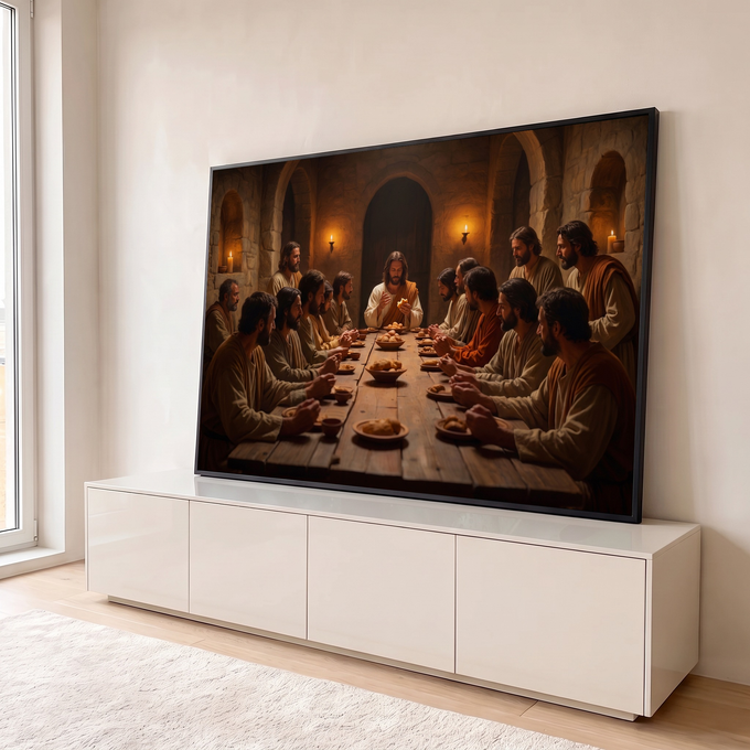 Jesus parte o pão com os apóstolos em mesa de madeira sob arcos de pedra e velas, quadro decorativo