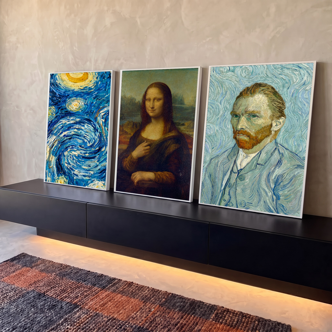 Quadro Decorativo Kit 3 Telas Van Gogh e Mona Lisa para Sala | quadros decorativos para sala | trio de obras clássicas com Noite Estrelada, Mona Lisa e autorretrato de Van Gogh | em Quadros para Sala | Porao dos Quadros