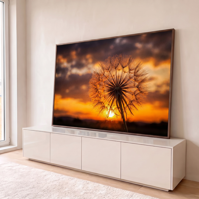 Dente de leão em contraluz diante do sol se pondo e céu laranja com nuvens escuras, quadro decorativo