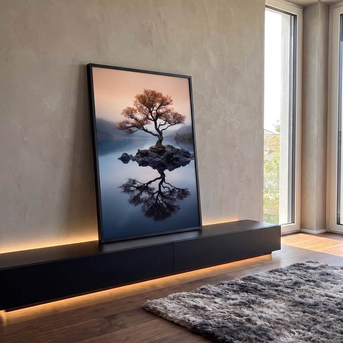 Árvore de folhas laranja em ilhota de pedras refletida em lago azul com névoa e montanhas, quadro decorativo