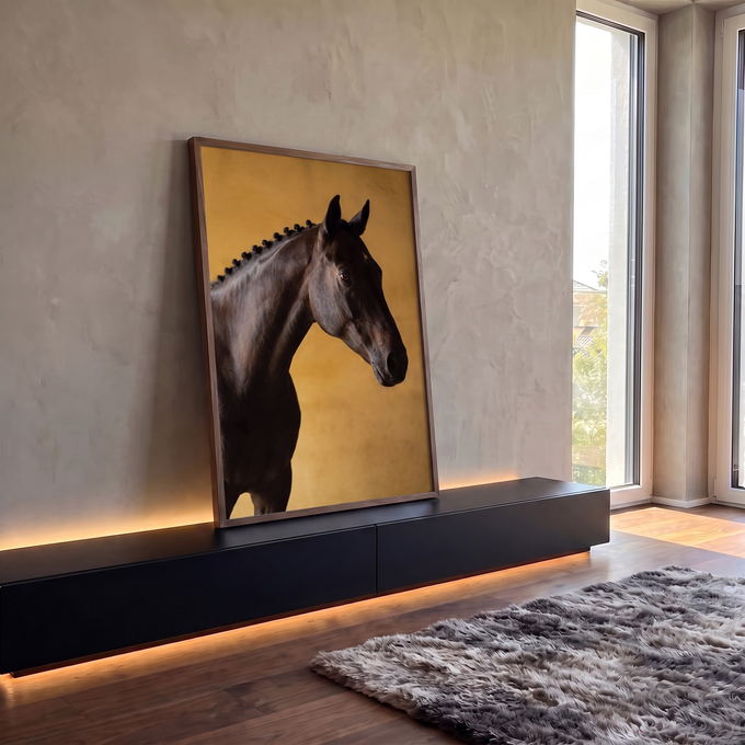 Cavalo escuro de perfil com crina trançada em fundo dourado texturizado, fotografia, quadro decorativo