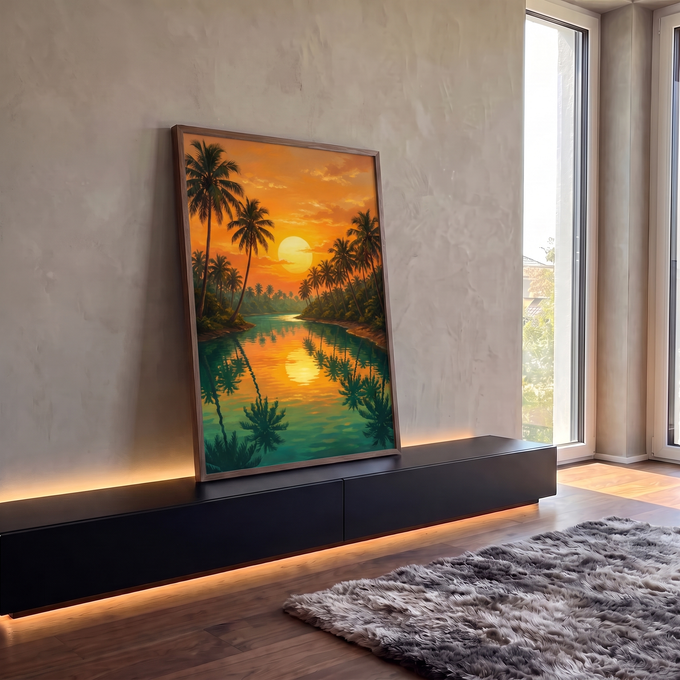 Quadro Decorativo Grande Pôr do Palmeiras para Sala Laranja | quadros decorativos para sala | pôr do sol laranja refletido em rio entre palmeiras tropicais | em Quadros para Sala | Porao dos Quadros