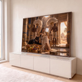 Cleópatra no trono dourado com pantera negra, leques de plumas, colunas com hieróglifos e pirâmides, quadro decorativo