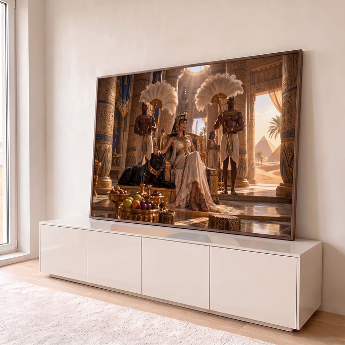 Cleópatra no trono dourado com pantera negra, leques de plumas, colunas com hieróglifos e pirâmides, quadro decorativo