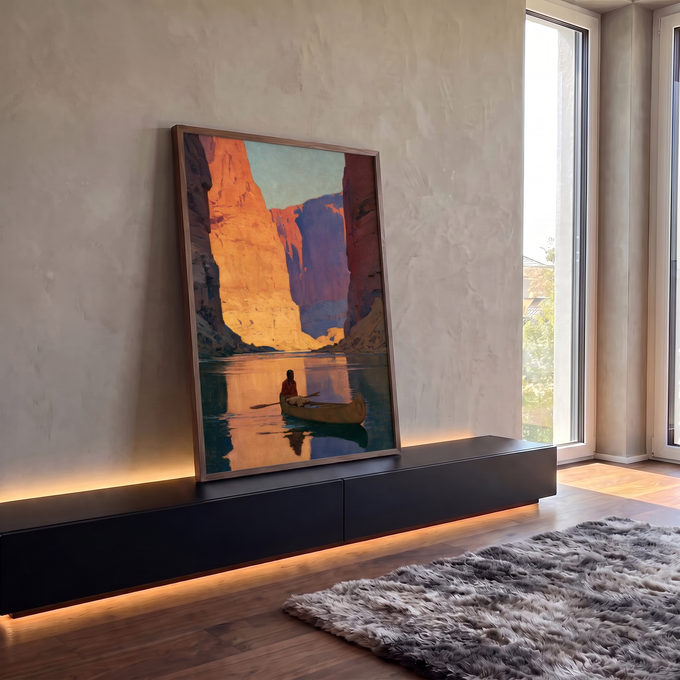 Quadro Decorativo Grande Canoa no Desfiladeiro para Sala | quadros decorativos para sala | homem em canoe remando por rio num desfiladeiro de rochas laranja ao pôr do sol | em Quadros para Sala | Porao dos Quadros