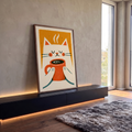 Quadro Decorativo Gato Branco Tomando Café em Fundo Laranja | quadros decorativos para sala | gato branco fofo segurando caneca laranja de café fumegante em fundo laranja | em Quadros para Sala | Porao dos Quadros
