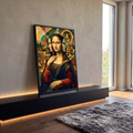 Quadro Decorativo Grande Mona Lisa Cubista para Sala Dourado | quadros decorativos para sala | releitura cubista da Mona Lisa com mosaico dourado e torres góticas ao fundo | em Quadros para Sala | Porao dos Quadros