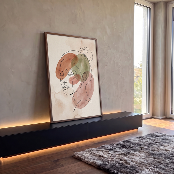 Quadro Decorativo Grande Tela de Pinturas para Sala Laranja | quadros decorativos para sala | rosto feminino em arte linear sobre círculos de aquarela terracota, verde e rosa | em Quadros para Sala | Porao dos Quadros