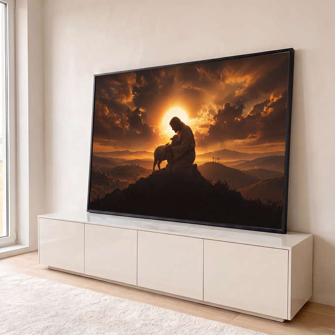 Jesus ajoelhado abraçando um cordeiro ao pôr do sol, com três cruzes ao fundo, quadro decorativo