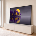 Quadro Decorativo Grande Floresta Roxa para Sala Roxo | quadros decorativos para sala | floresta roxa e amarela à beira de lago com lua dourada e pássaros ao fundo | em Quadros para Sala | Porao dos Quadros