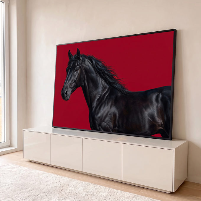 Cavalo preto de crina esvoaçante e pelagem brilhante em perfil sobre fundo vermelho, quadro decorativo