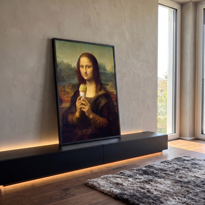 Quadro Decorativo Grande Mona Lisa Sorvete para Sala Marrom | quadros decorativos para sala | Mona Lisa segurando casquinha de sorvete verde em retrato clássico | em Quadros para Sala | Porao dos Quadros