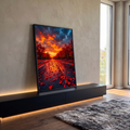 Estrada coberta de folhas vermelhas entre árvores de outono sob pôr do sol dramático, quadro decorativo