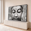 Quadro Decorativo Grande Rosto de Buda para Sala Preto | quadros decorativos para sala | rosto de Buda esculpido em pedra, olhos fechados, textura rachada em preto e branco | em Quadros para Sala | Porao dos Quadros