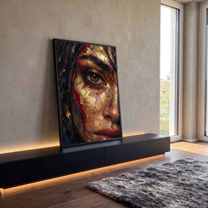 Close de rosto de mulher com olho castanho, folhas de ouro e pinceladas vermelhas e azuis, quadro decorativo