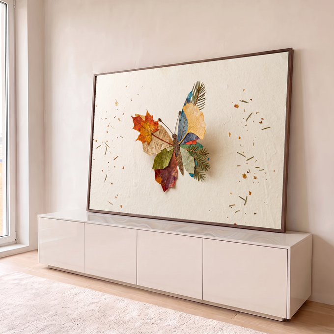 Quadro Decorativo Grande Borboleta de Folhas para Sala | quadros decorativos para sala | borboleta formada por folhas secas coloridas e galho de pinheiro sobre fundo bege | em Quadros para Sala | Porao dos Quadros
