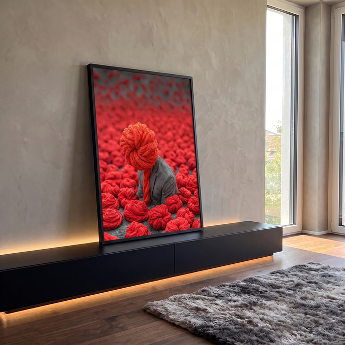 Homem de blazer cinza com cabeça de novelo vermelho entre dezenas de novelos de lã, quadro decorativo