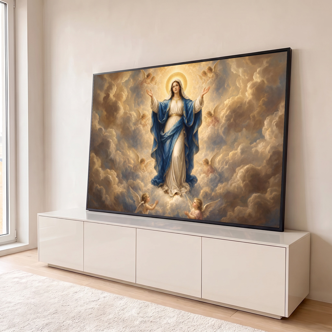 Nossa Senhora de manto azul subindo aos céus entre nuvens douradas e anjos, quadro decorativo