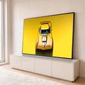 Quadro Decorativo Grande Carro Esportivo para Sala Amarelo | quadros decorativos para sala | carro esportivo amarelo fotografado de cima com faixa prateada no capô | em Quadros para Sala | Porao dos Quadros