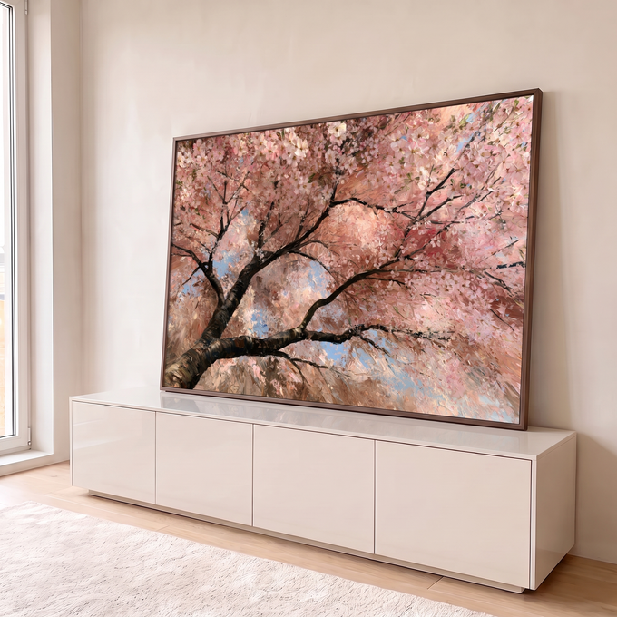 Quadro Decorativo Cerejeira em Flor Rosa Estilo Pintura | quadros decorativos para sala | cerejeira em flor rosa vista de baixo com pinceladas de tinta a óleo | em Quadros para Sala | Porao dos Quadros
