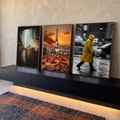 Quadro Decorativo Grande Cena Urbana para Sala Laranja | quadros decorativos para sala | trio de fotos urbanas com trem noturno, folha com gotas e torre eiffel, e pessoa de capa amarela na chuva | em Quadros para Sala | Porao dos Quadros