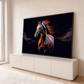Quadro Decorativo Grande Cavalo com Crina para Sala Preto | quadros decorativos para sala | cavalo em fundo preto com crina em mechas coloridas de vermelho, azul e laranja | em Quadros para Sala | Porao dos Quadros