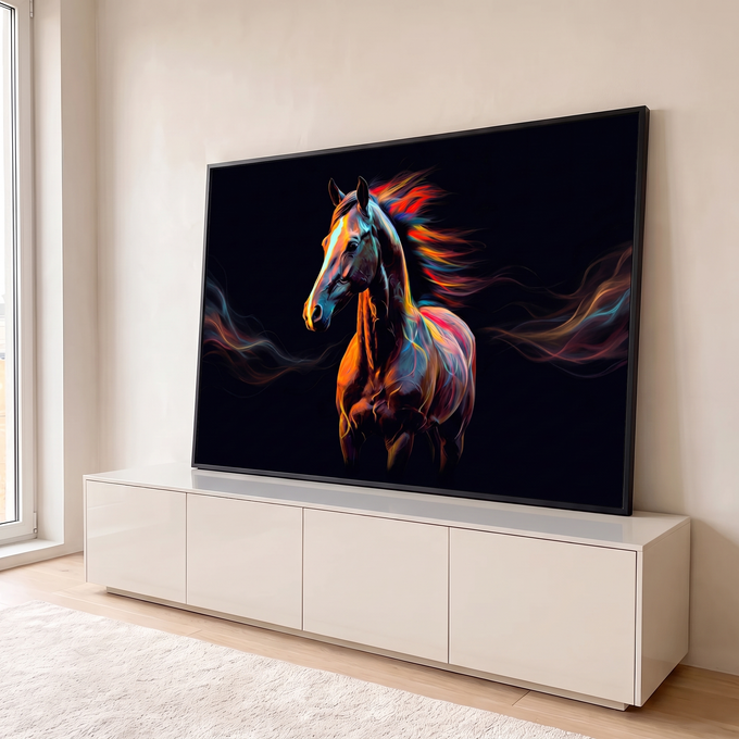 Quadro Decorativo Grande Cavalo com Crina para Sala Preto | quadros decorativos para sala | cavalo em fundo preto com crina em mechas coloridas de vermelho, azul e laranja | em Quadros para Sala | Porao dos Quadros