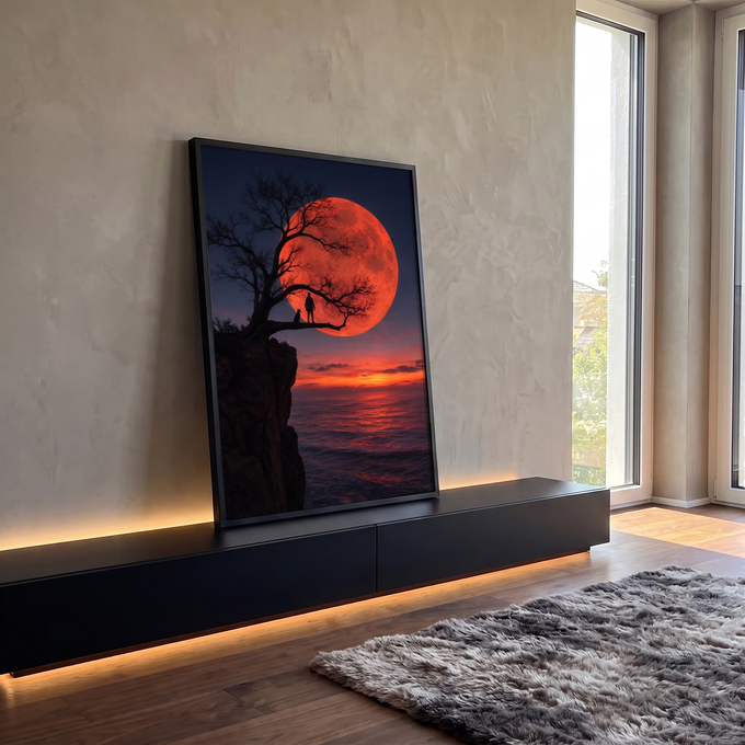 Lua vermelha gigante atrás de árvore na falésia com homem e cão, pôr do sol sobre o mar, quadro decorativo