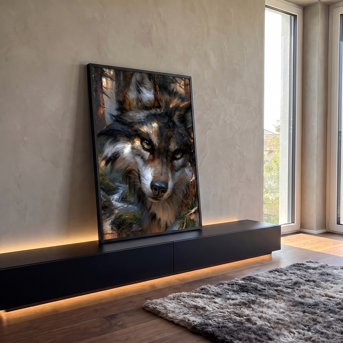Quadro Decorativo Lobo de Olhos Dourados na Floresta | quadros decorativos para sala | close-up de lobo com olhos amarelo-esverdeados e pelagem em tons de cinza e dourado | em Quadros para Sala | Porao dos Quadros