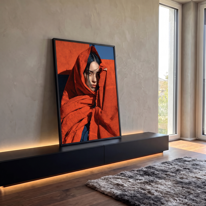 Quadro Decorativo Mulher Envolta em Manto Laranja | quadros decorativos para sala | mulher envolta em manto laranja texturizado com fundo azul e laranja | em Quadros para Sala | Porao dos Quadros