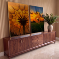 Quadro Decorativo Kit 2 Telas Dente de Leão para Sala | quadros decorativos para sala | dente-de-leão em silhueta e flor inteira contra céu laranja de pôr do sol | em Quadros para Sala | Porao dos Quadros