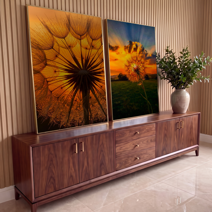 Quadro Decorativo Kit 2 Telas Dente de Leão para Sala | quadros decorativos para sala | dente-de-leão em silhueta e flor inteira contra céu laranja de pôr do sol | em Quadros para Sala | Porao dos Quadros