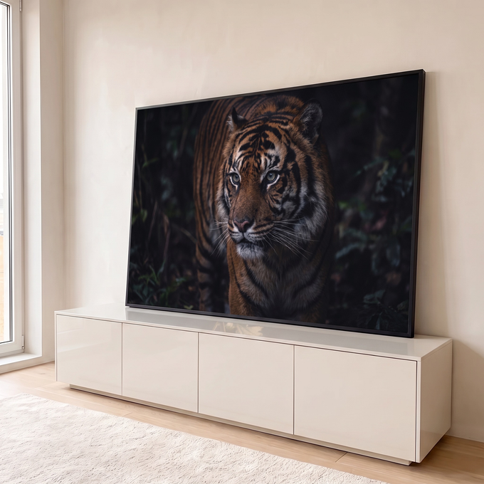 Quadro Decorativo Grande Tigre de Olhos para Sala Laranja | quadros decorativos para sala | tigre olhando fixamente com olhos verdes em fundo de floresta escura | em Quadros para Sala | Porao dos Quadros