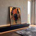 Quadro Decorativo Guerreiros Nativos a Cavalo em Tons | quadros decorativos para sala | três guerreiros nativos americanos a cavalo em tons dourados e laranja | em Quadros para Sala | Porao dos Quadros