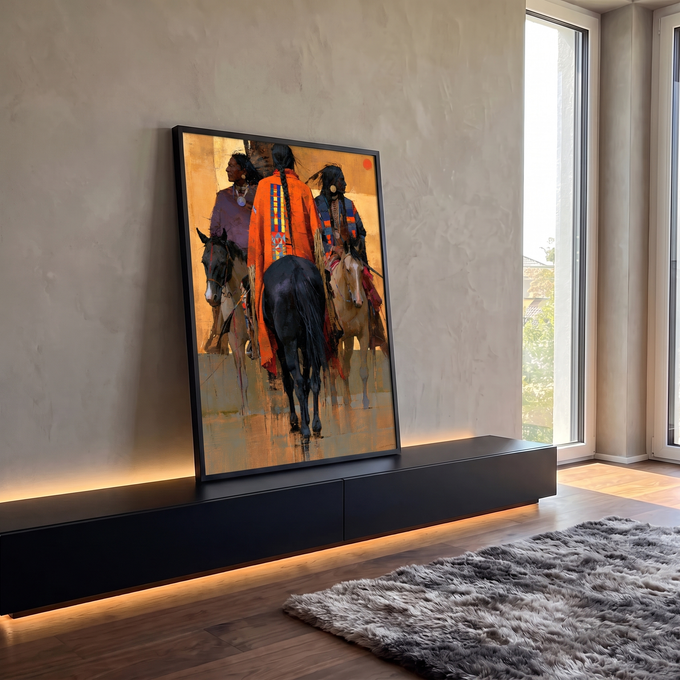 Quadro Decorativo Guerreiros Nativos a Cavalo em Tons | quadros decorativos para sala | três guerreiros nativos americanos a cavalo em tons dourados e laranja | em Quadros para Sala | Porao dos Quadros