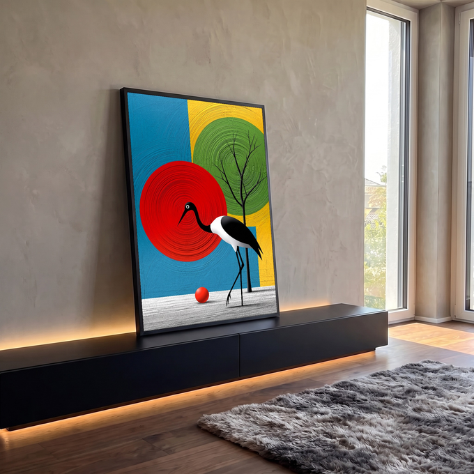 Quadro Decorativo Grande Ave Preta para Sala Vermelho | quadros decorativos para sala | ave preta e branca diante de círculos coloridos vermelho, verde e amarelo com árvore seca | em Quadros para Sala | Porao dos Quadros