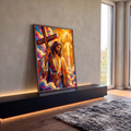 Quadro Decorativo Grande Jesus Cruz para Sala Dourado | quadros decorativos para sala | Jesus Cristo segurando cruz de madeira diante de portão dourado em mosaico colorido | em Quadros para Sala | Porao dos Quadros