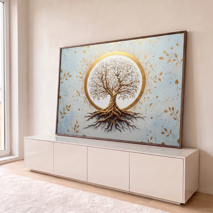 Árvore da Vida dourada com raízes dentro de círculo de ouro sobre fundo claro com folhas, quadro decorativo
