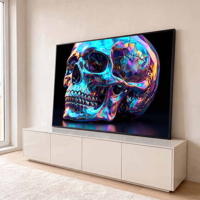Quadro Decorativo Grande Caveira Holográfica para Sala Azul | quadros decorativos para sala | caveira de cristal facetado em cores holográficas azul, roxo e dourado | em Quadros para Sala | Porao dos Quadros