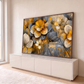 Quadro Decorativo Flores em Dourado e Cinza com Textura | quadros decorativos para sala | flores estilizadas em dourado, cinza e bege sobre fundo texturizado com respingos | em Quadros para Sala | Porao dos Quadros
