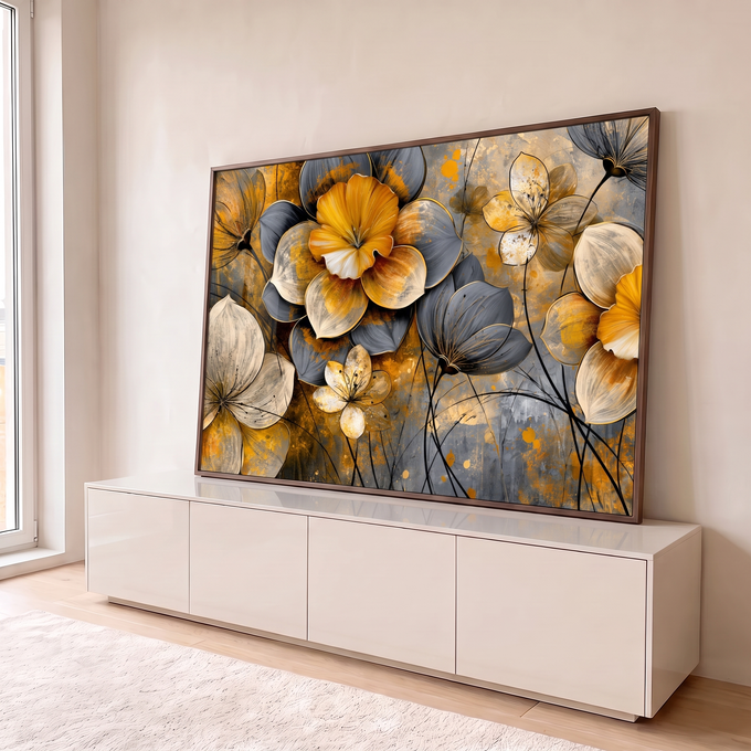 Quadro Decorativo Flores em Dourado e Cinza com Textura | quadros decorativos para sala | flores estilizadas em dourado, cinza e bege sobre fundo texturizado com respingos | em Quadros para Sala | Porao dos Quadros