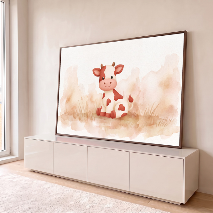 Quadro Decorativo Grande Bezerro de Bebê para Quarto de Bebê | quadros decorativos para sala | bezerro fofo branco e vermelho em aquarela sentado sobre fundo terroso | em Quadros para Quarto de Bebê | Porao dos Quadros