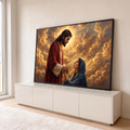Jesus Cristo de manto vermelho segura as mãos de mulher de véu azul entre nuvens douradas, quadro decorativo