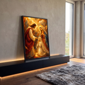 Quadro Decorativo Grande Primeira Comunhão para Sala Dourado | quadros decorativos para sala | Jesus dá comunhão a uma menina ajoelhada ao lado de Nossa Senhora, fundo dourado fragmentado | em Quadros para Sala | Porao dos Quadros