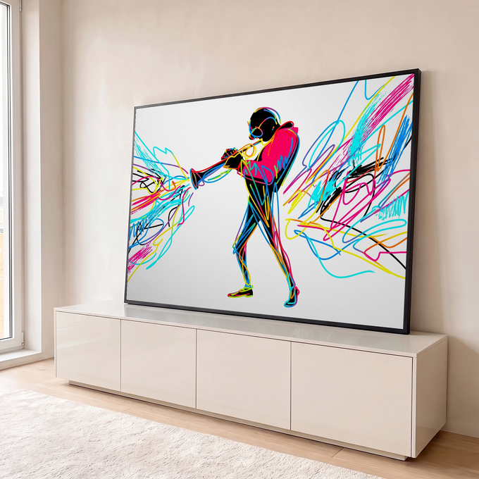 Trompetista em silhueta tocando, com rabiscos neon rosa, ciano e amarelo no fundo branco, quadro decorativo