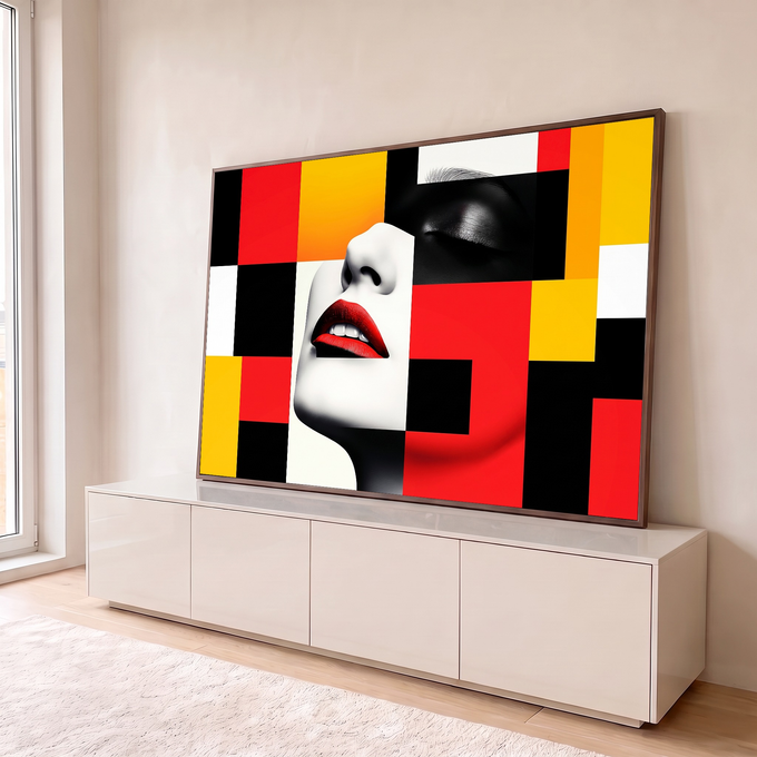 Quadro Decorativo Grande Rosto Feminino para Sala Vermelho | quadros decorativos para sala | rosto feminino preto e branco com lábios vermelhos sobre fundo geométrico colorido | em Quadros para Sala | Porao dos Quadros