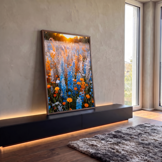 Quadro Decorativo Grande Campo de Flores para Sala Azul | quadros decorativos para sala | campo de flores azuis e laranjas iluminado pelo pôr do sol dourado | em Quadros para Sala | Porao dos Quadros